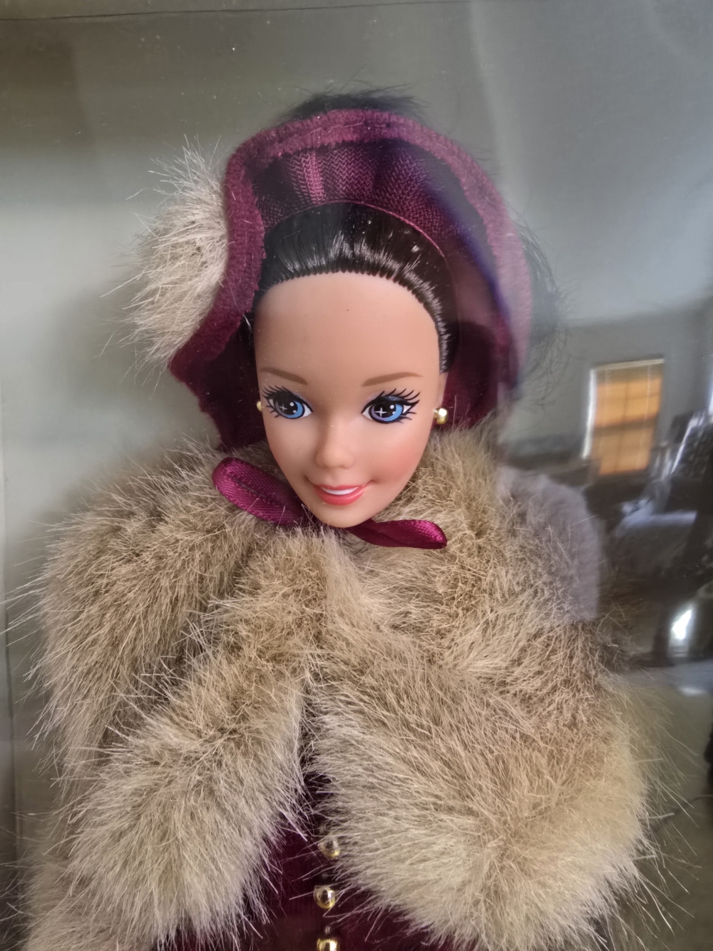 Barbie Women's Burgundy Pea Coat with Cream Fur Trim - Picture 5 of 8